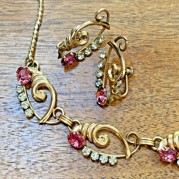De Curtis Pink Rhinestone Choker & Screw Earrings 1/20 12k Gold Filled Vintage - Picture 3 of 8